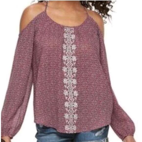 Rewind Floral Cold Shoulder Top L Boho Pink Purple Embroidered Blouse GUC - Picture 1 of 7